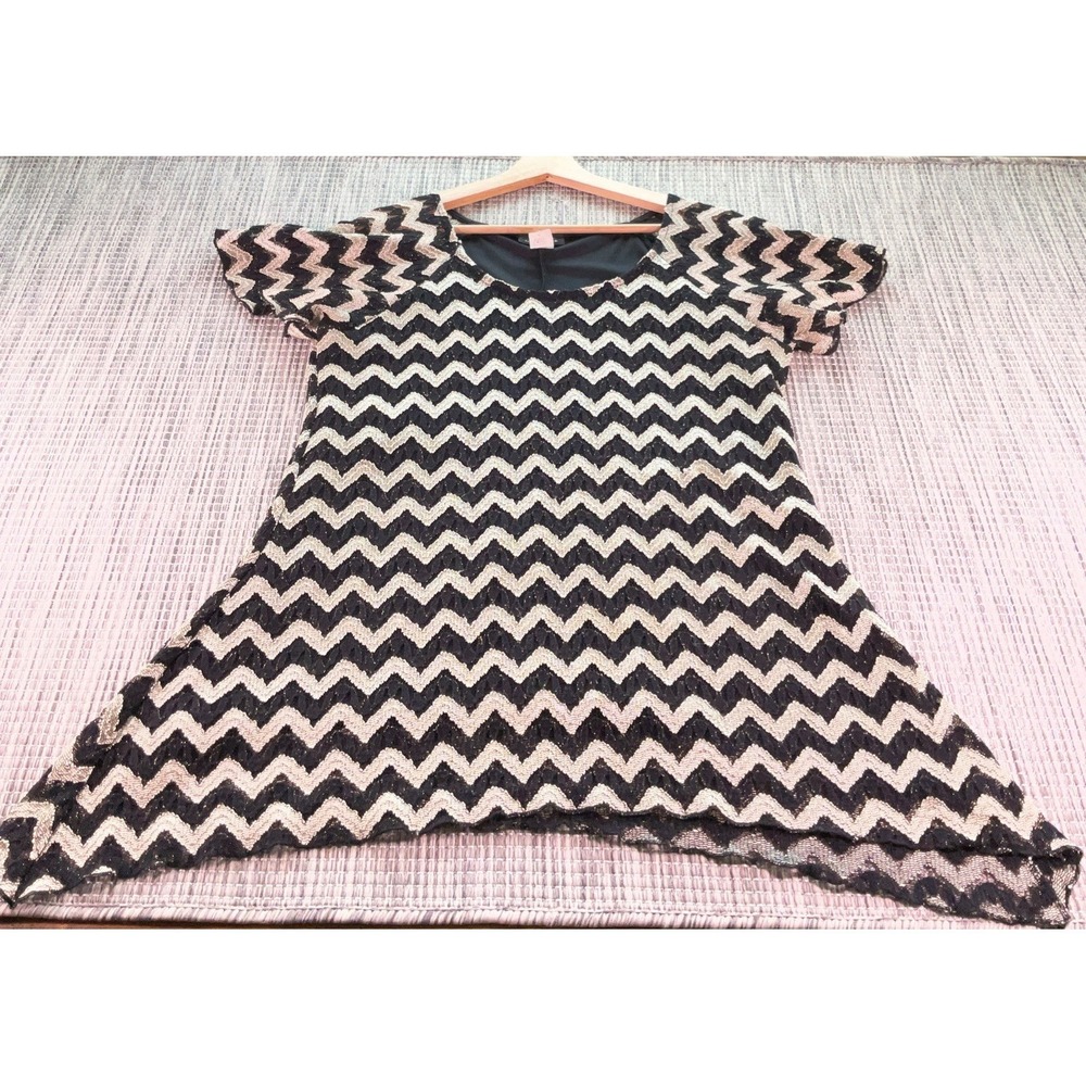 Brittany Black Gold & Black Lace Zig Zag Striped Short Sleeve Top Medium